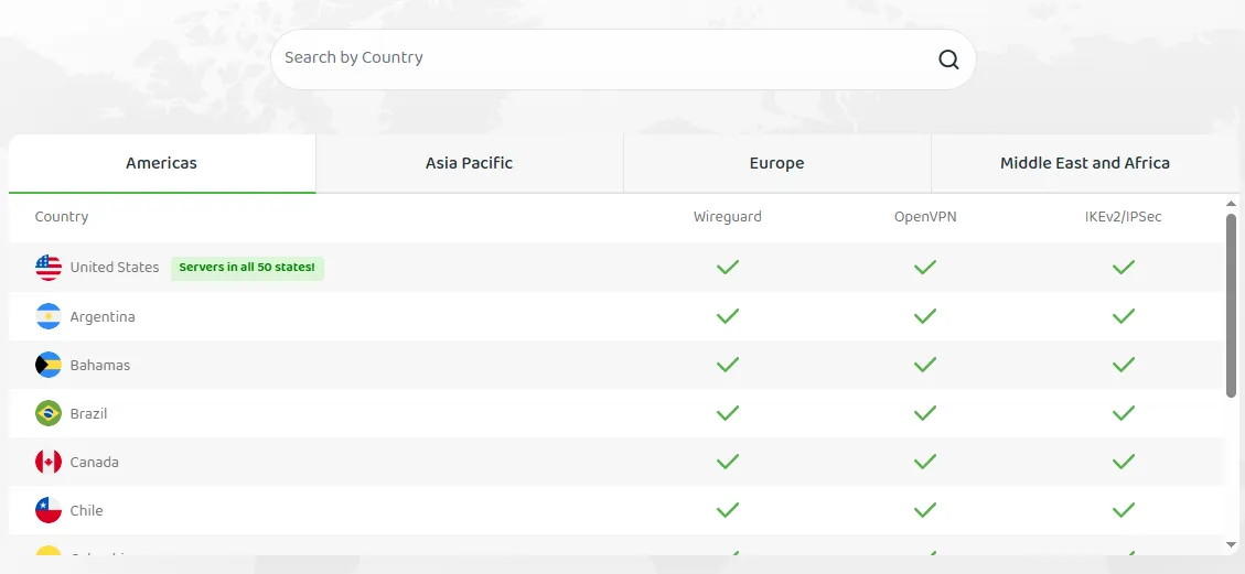PIA VPN server list showing low latency ping values for gaming