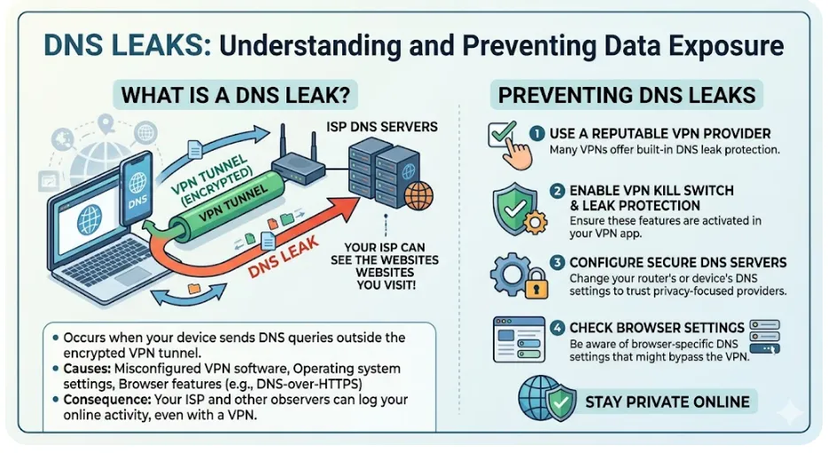 Infographic comparing secure encrypted VPN traffic flow with plain-text DNS leak routing through local ISP servers