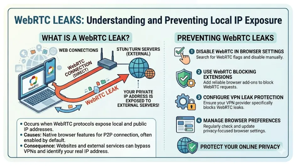 Flowchart diagram illustrating how browser-level WebRTC queries bypass system VPN virtual network cards to leak real IP addresses