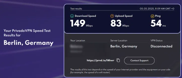 Real-world gigabit speed test and ping latency benchmarks for PrivadoVPN global servers