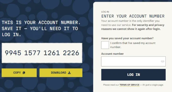 Step-by-step account generation on the Mullvad website showing the random 16-digit numerical ID with no personal data required