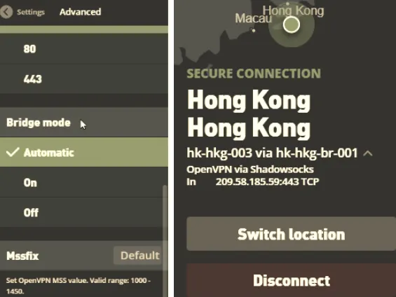 Configuring OpenVPN and Shadowsocks bridge mode in the Mullvad VPN client settings for advanced censorship bypass