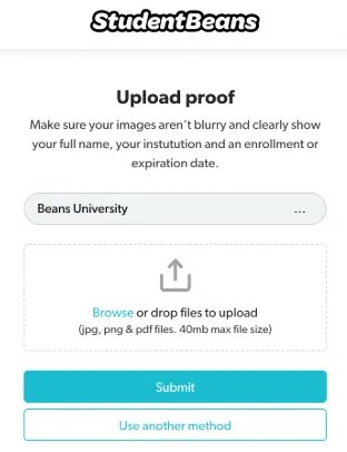 Student Beans verification portal showing how to register with a school edu email or manual student ID upload
