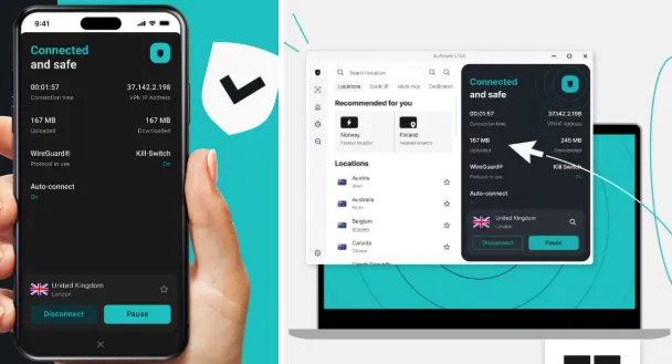 Surfshark VPN app interface on desktop and mobile devices