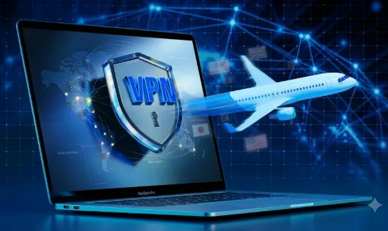 Traveler using a VPN on a laptop to find cheaper international flights