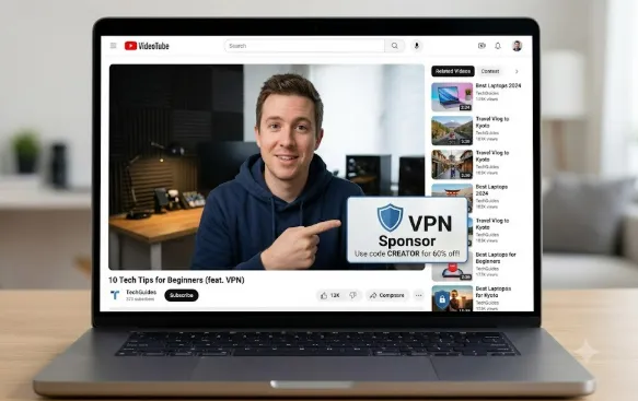 A YouTuber pointing to a sponsored VPN advertisement on screen