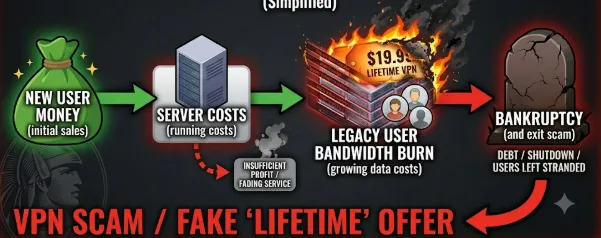 Infographic showing the unsustainable Ponzi economics of lifetime VPN services