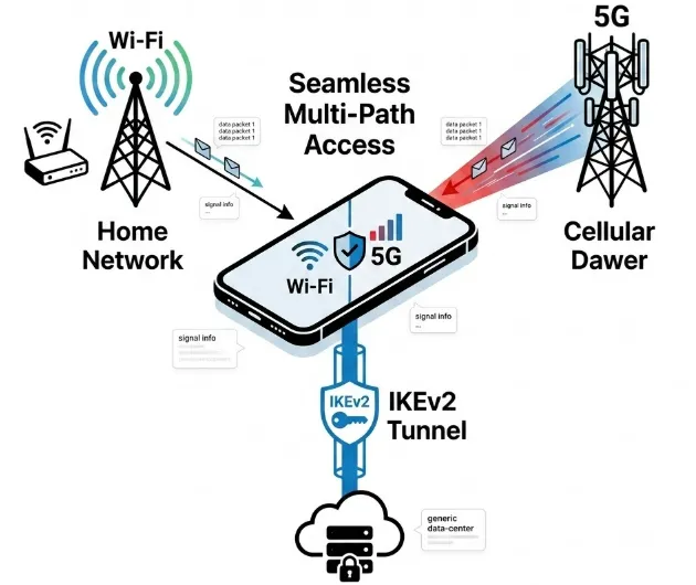 Illustration of IKEv2 MOBIKE technology keeping a VPN connection alive while switching networks