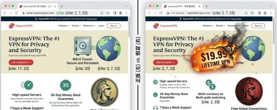 Comparison of a fake typo-squatted VPN website versus the official secure portal